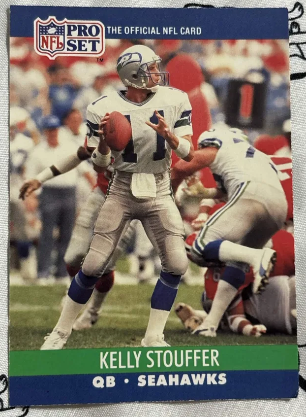 1990 Pro Set card of Kelly Stouffer with the Seattle Seahawks.
